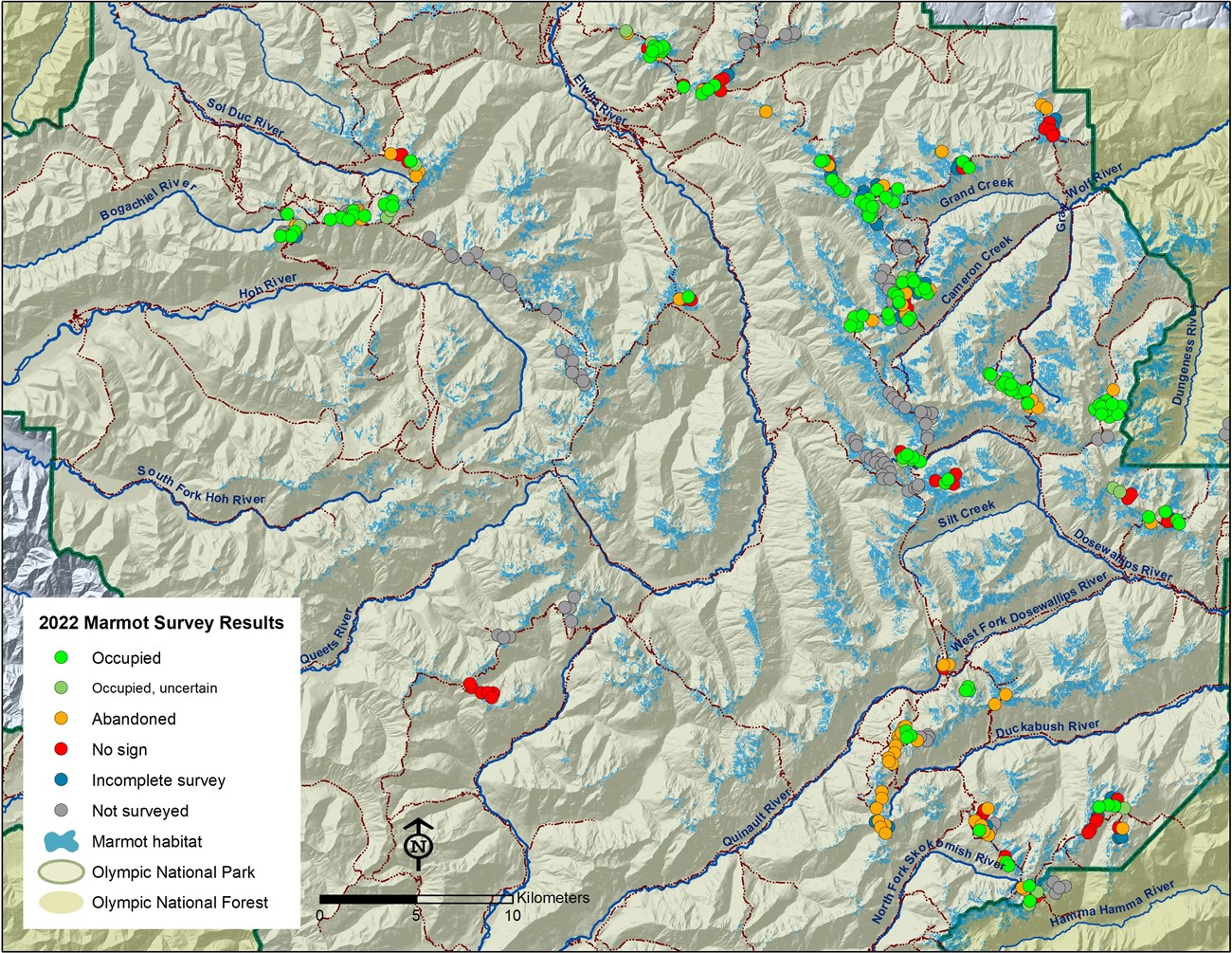 A map of the Olympic Mountains with dots to indicate survey sites.