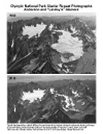 Comparison images of a glacial peak, the top image showing large amounts of glacial ice, the bottom image showing almost none.