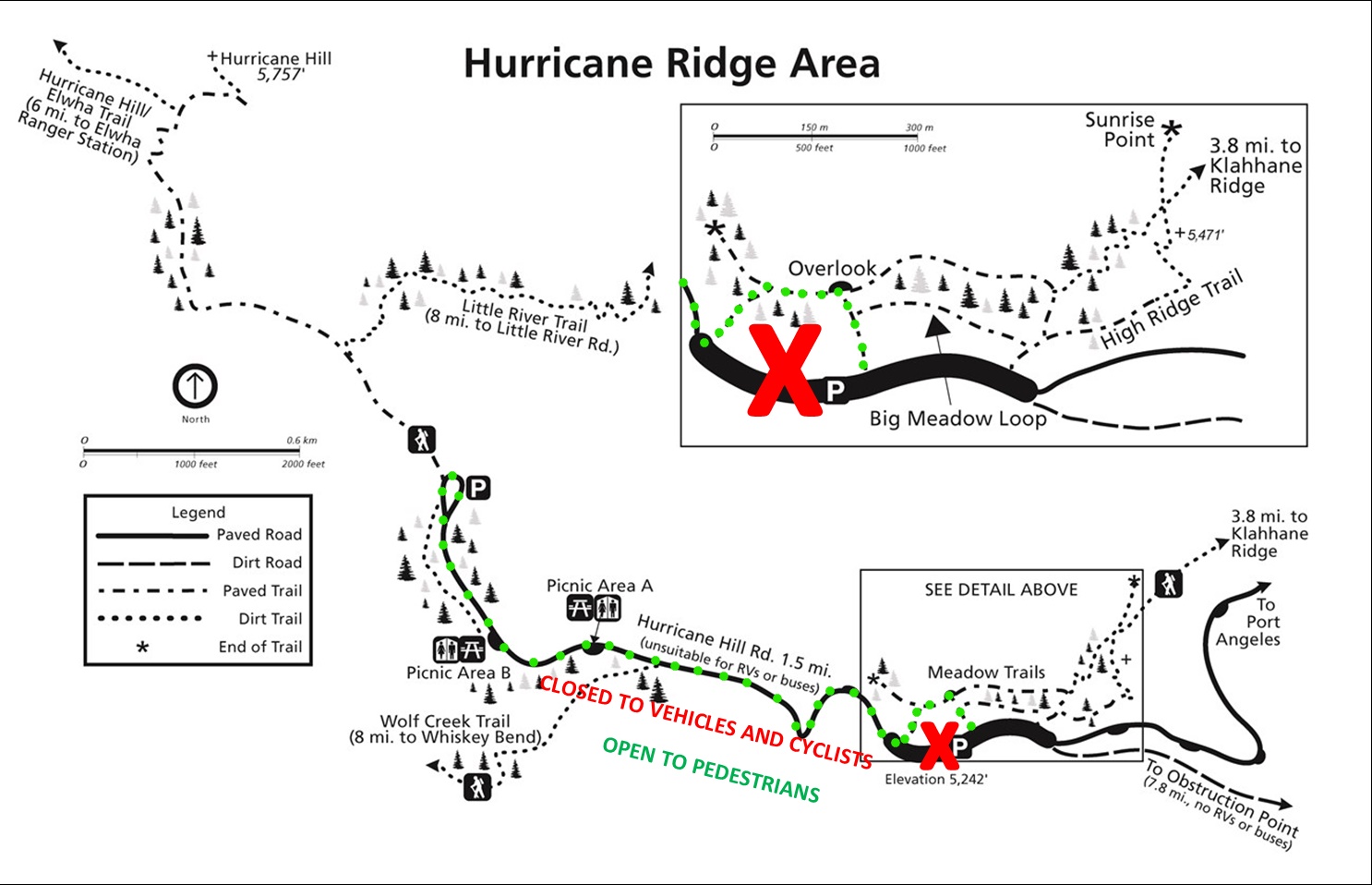 Map of Hurricane Ridge area with closures and detours marked.