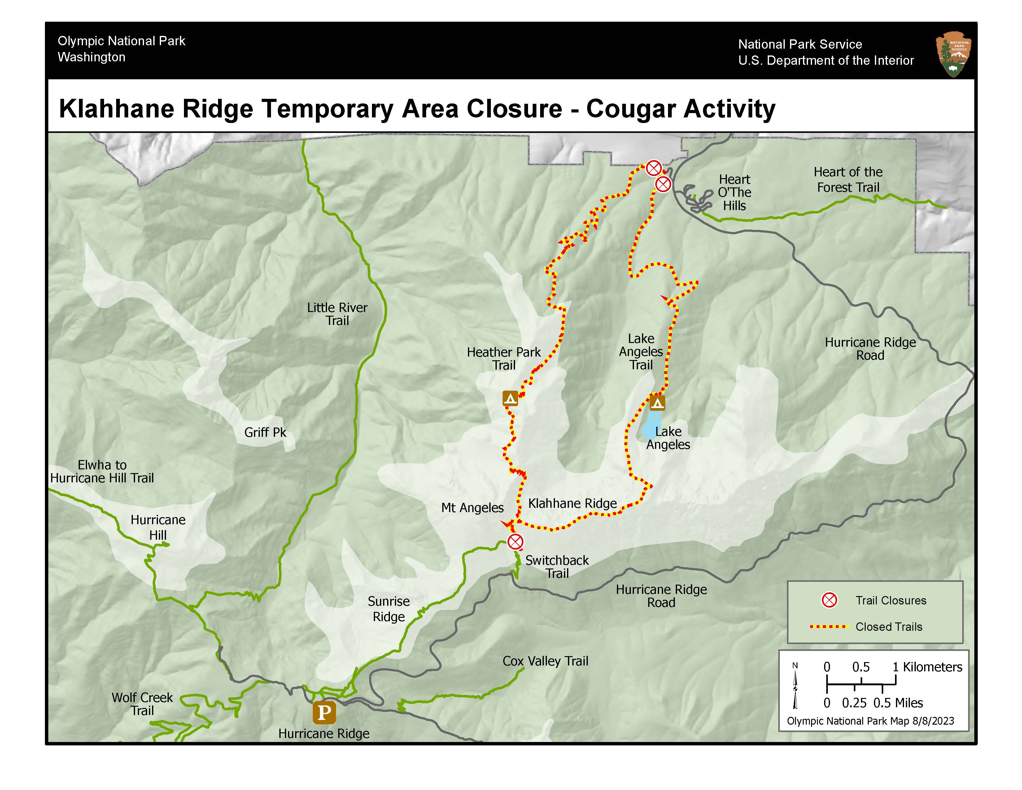 A map labeled Klahhane Ridge Temporary Area Closure - Cougar Activity. A loop of trail is highlighted in dotted red and yellow to indicate the closure.