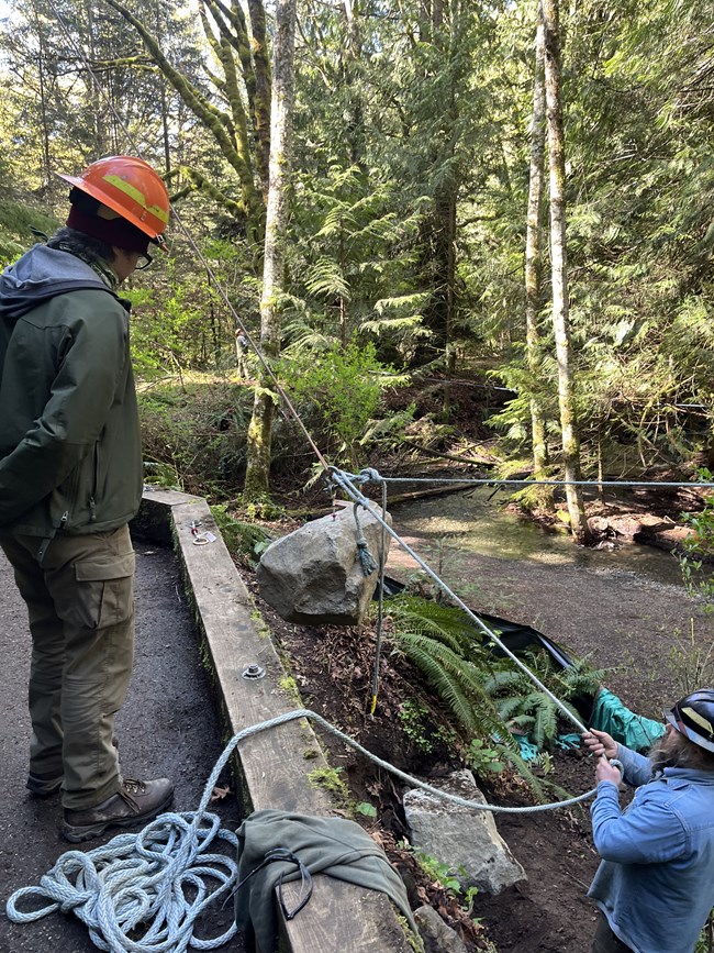 Trail crew members moving a large rock with ropes and pulleys.