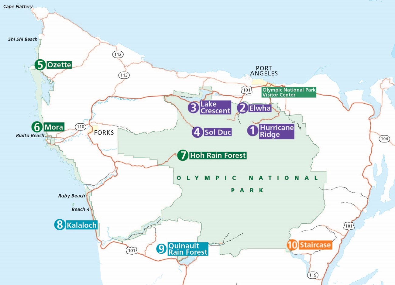 A map of Olympic National Park with the top destinations numbered and labeled.