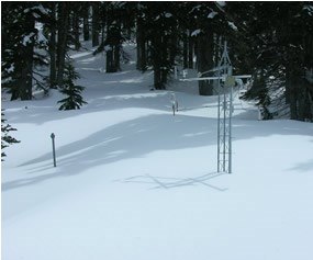 weather instruments in snow-covered forest clearing