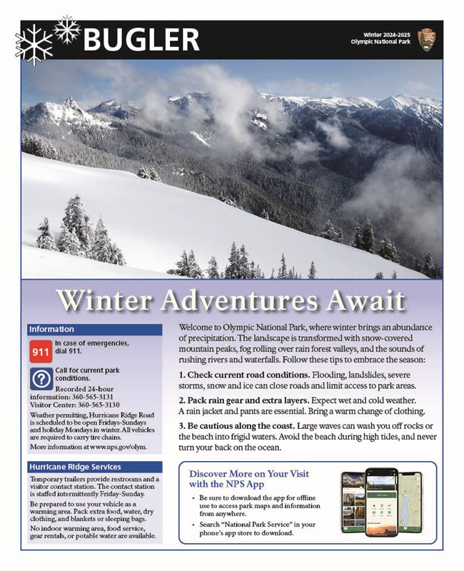 Cover of the Winter Bugler Newspaper with image of clouds in front of a snow-covered mountain range