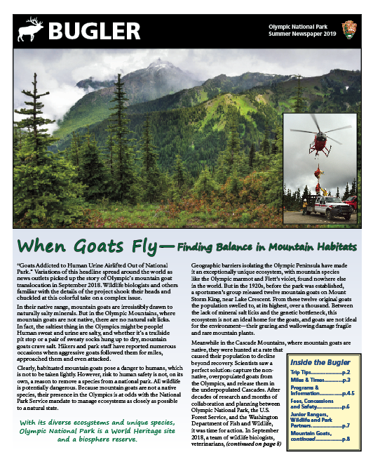 The front page of the summer 2019 Bugler newspaper. A mountain scene with an inset of mountain goats suspended from a helicopter in flight.