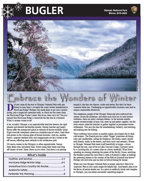 The front page of the winter 2019-2020 Bugler newspaper. A mountain scene with an inset of mountain goats suspended from a helicopter in flight.