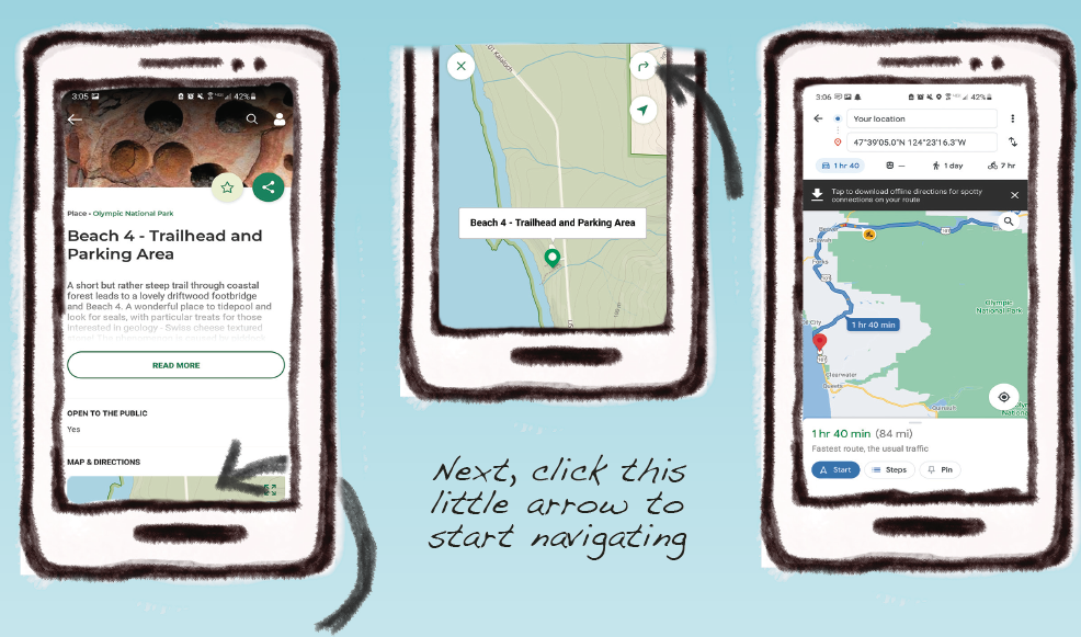 Three mobile phone screens. The first has an arrow indicating a map below a description. The second indicates a small arrow icon on the map with text "Next click this arrow to start navigating." Third, a navigation screen.