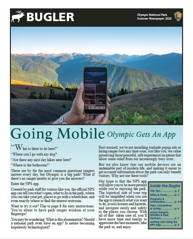 A newspaper cover for the Olympic Bugler. The headline reads "Going Mobile, Olympic gets an app," and the photo shows hands holding a mobile phone in front of a mountain panorama.