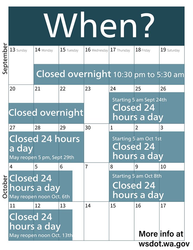 A calendar image showing five weeks in September and October, labeled "When?" across the top. Dark blue boxes with text show closures with dates and times, as described in the text.