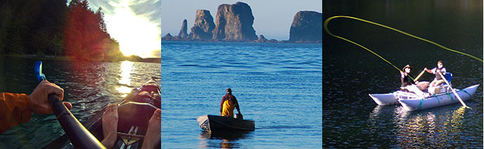 A panel formed of three separate watercraft-related pictures. Left shows the bow of a kayak. Middle shows a small motorboat on the ocean with rugged rocks in the distance. Right shows two anglers fishing from a small raft.