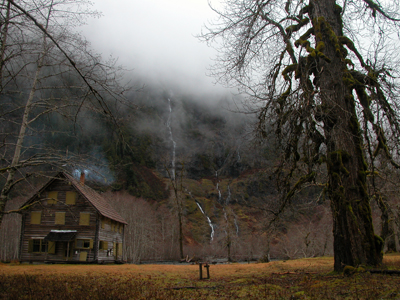 The historic, wooden structure of the Enchanted Valley Chalet in wintertime. Both the fog and the foliage that has fallen off the trees give an eerie feeling.
