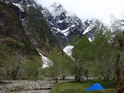 A tent set up in a wilderness campsite along the Quinault River at Enchanted Valley. Snow-dusted mountains rise near in the background.