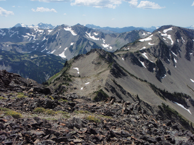 A view of the interior of Olympic National Park as seen from a mountain vantage. Partially snow-covered mountains rise in the distance. In the far background, the glaciated peaks of Mount Olympus can barely be seen peeking up behind the nearer mountains.