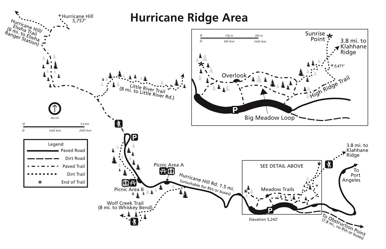 A black-and-white map of the Hurricane Ridge area featuring hiking trails, parking, and restroom facilities.