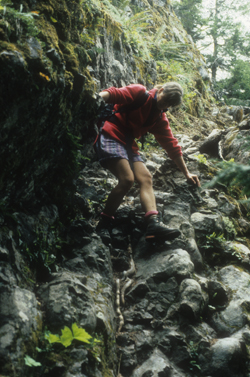 A female hiker descends a section of the Lake Constance route. The route is so steep that she is using her hands to keep her from sliding down the rocky embankment. Moss grows on a near vertical rocky cliff rising on the hiker's right.