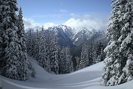 Deep snow covers Olympic Mountains in winter.