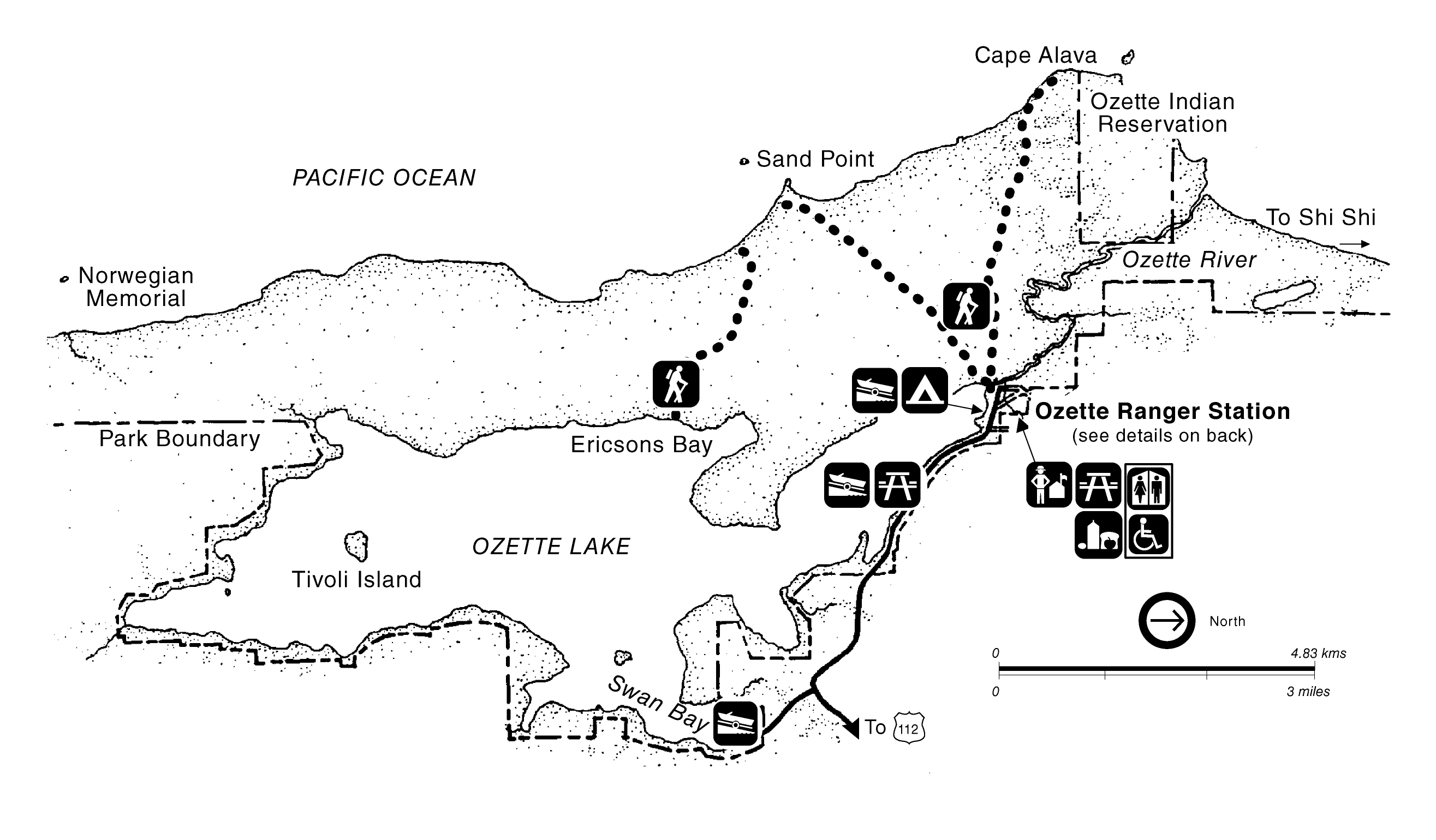 A map of the Lake Ozette area including Lake Ozette, roads, hiking trails, the Pacific Ocean, boat launches, a camping area, Olympic National Park Boundaries, Ozette Indian Reservation boundaries, and Ozette Ranger Station.