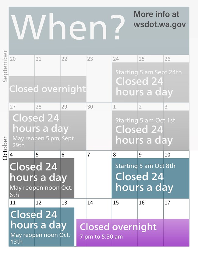 A calendar image showing five weeks in September and October, labeled "When?" across the top. Dark blue boxes with text show closures with dates and times, as described in the text.
