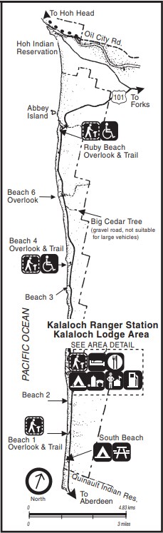 A map of the Kalaloch area, including beaches, roads, overlooks, trails, and Kalaloch Ranger Station and Kalaloch Lodge