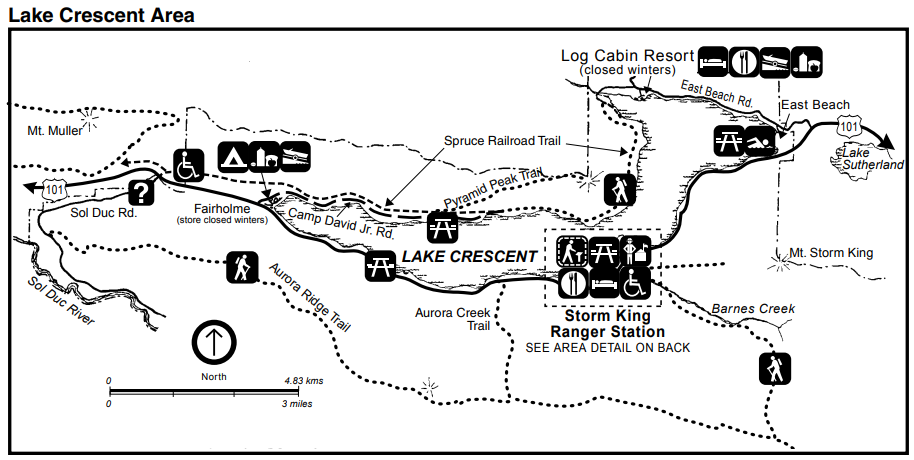 A map of the Lake Crescent area including Lake Crescent itself and the surrounding roads, hiking trails, rivers, creeks, the Storm King Ranger Station, Log Cabin Resort, and services such as campgrounds and boat launch sites.