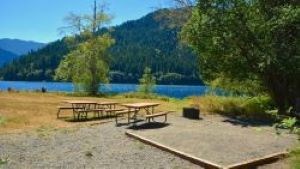 A lakeside campsite with picnic tables and a firepit.