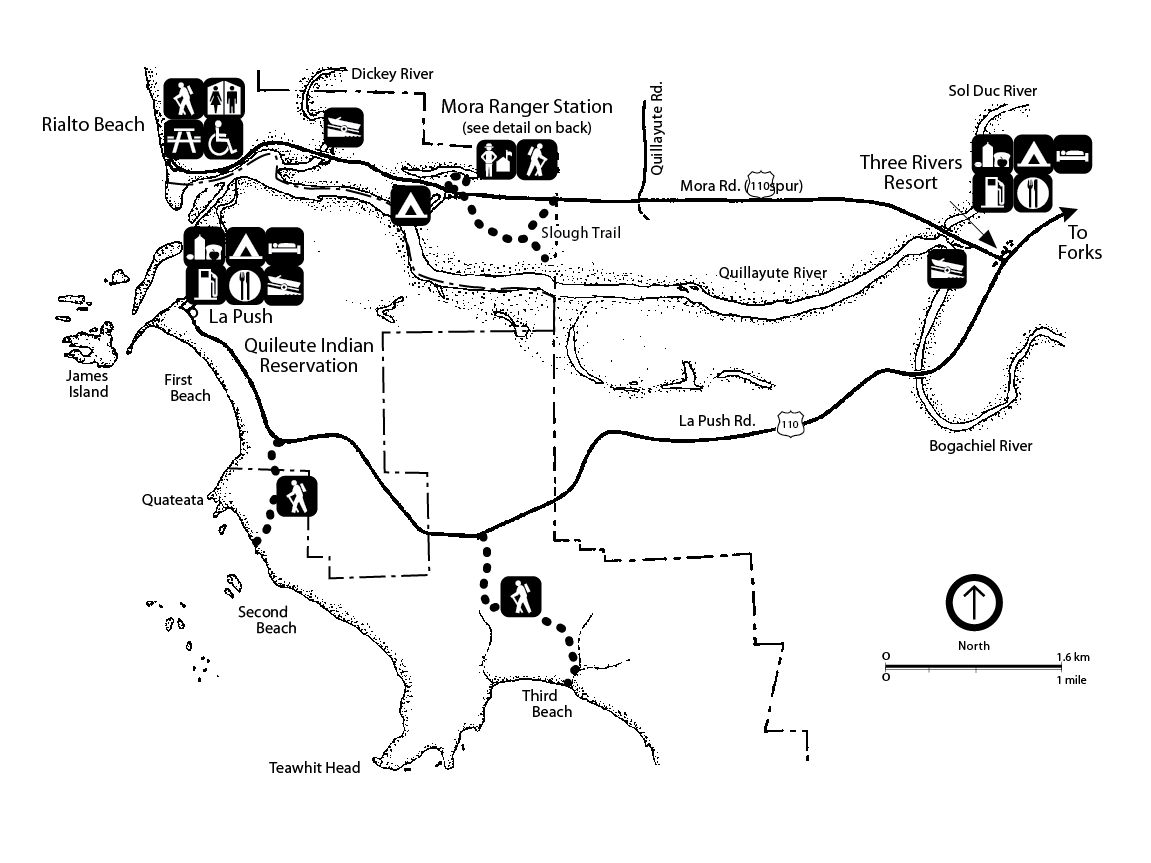 A map of the Mora and Rialto Beach areas, including roads, trails, boundaries with the Quileute Indian Reservation, services, trails, beaches, the town of La Push, the Three Rivers Resort, and the Quillayute and Bogachiel Rivers.