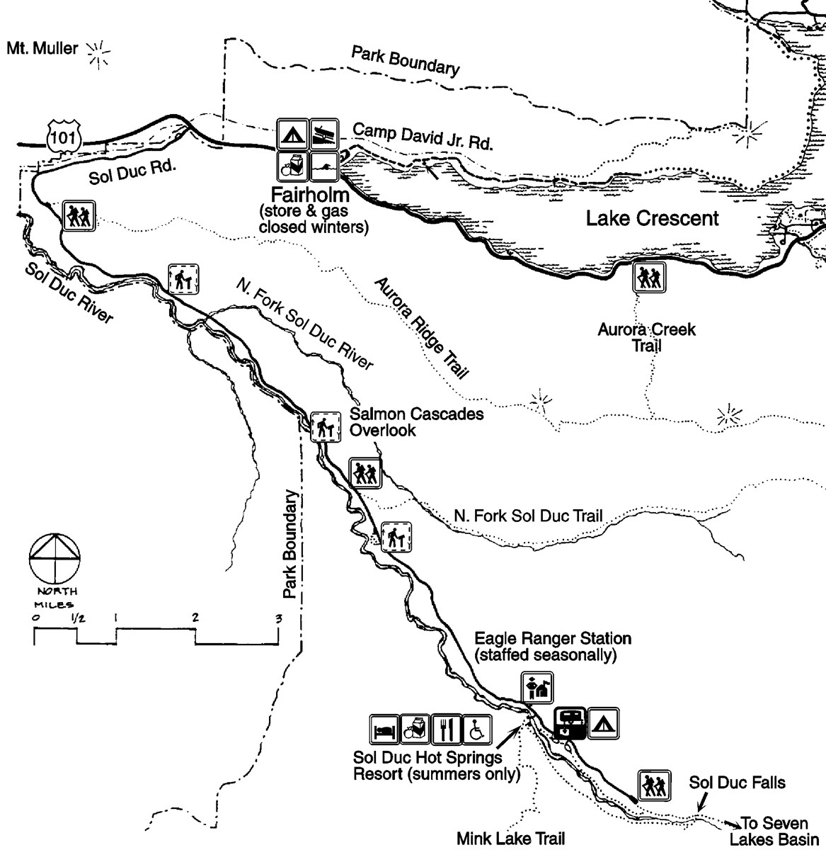 A map of the Sol Duc area including roads, the Sol Duc River, hiking trails, Eagle Ranger Station, Lake Crescent, camping areas, and the Sol Duc Hot Springs Resort