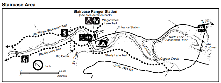 A map of the Staircase area including roads, trails, the North Fork Skokomish River, picnic areas, campground, and the Staircase Ranger Station