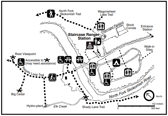 A map of the area around the Staircase Ranger Station, including the Staircase Ranger Station itself, the North Fork Skokomish River, roads, parking, trails, campground, restrooms and picnic areas.