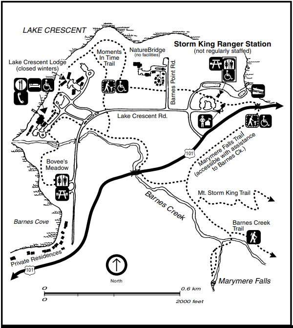 A map of the Storm King and Barnes Creek area near Lake Crescent, including the lake shore, hiking trails, Highway 101, Barnes Creek, and the facilities of Lake Crescent Lodge, NatureBridge, and Storm King Ranger Station.