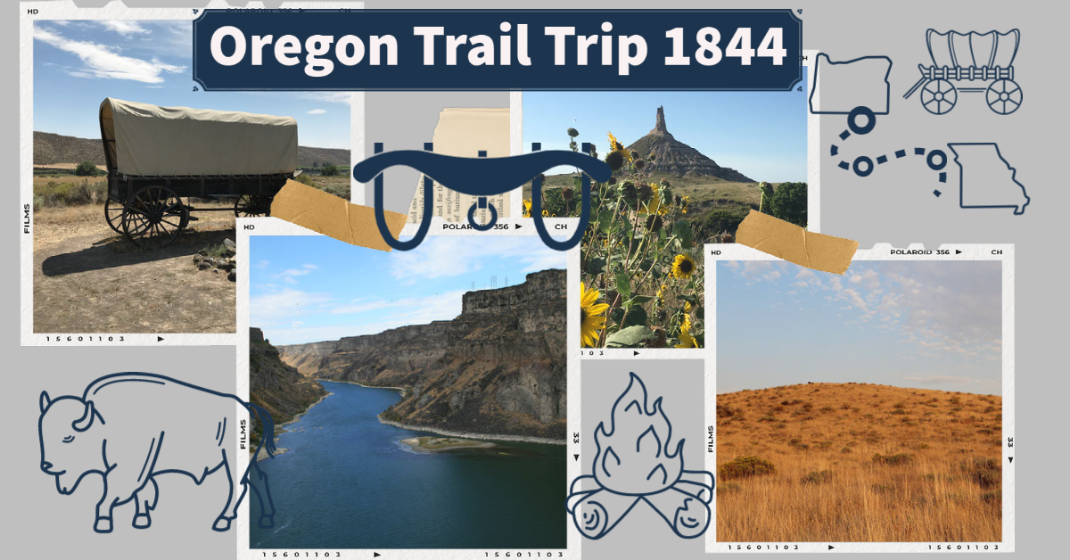A scrapbook page depicting multiple scenes from the trail, and relevant icon images.