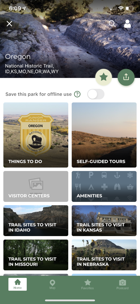 Mobile phone screen displaying a mobile application about the national parks.