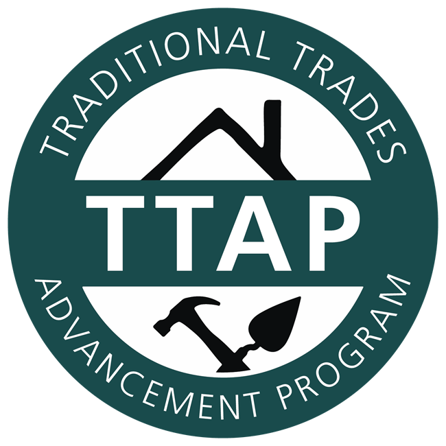 Logo with the words "Traditional Trades Advancement Program" around the outside, a house, and two tools within the logo.