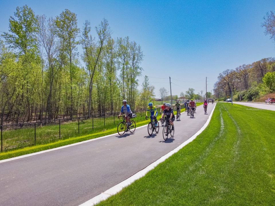 A group of adults clad in bright colors of blue, red, purple and yellow ride bikes along a black asphalt road, surrounded by green grass and towering trees underneath a bright blue sky