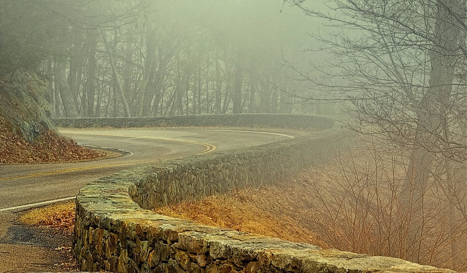 Skyline Drive and rock wall in the fog