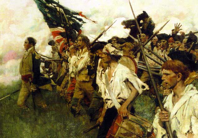 A painted image depicts a line of Colonial soldiers in worn shirts and bandages crossing a grass knoll in a dramatic left-to-right diagonal led by George Washington in front of a tattered American flag as smoke from cannon fire mixes with white clouds.