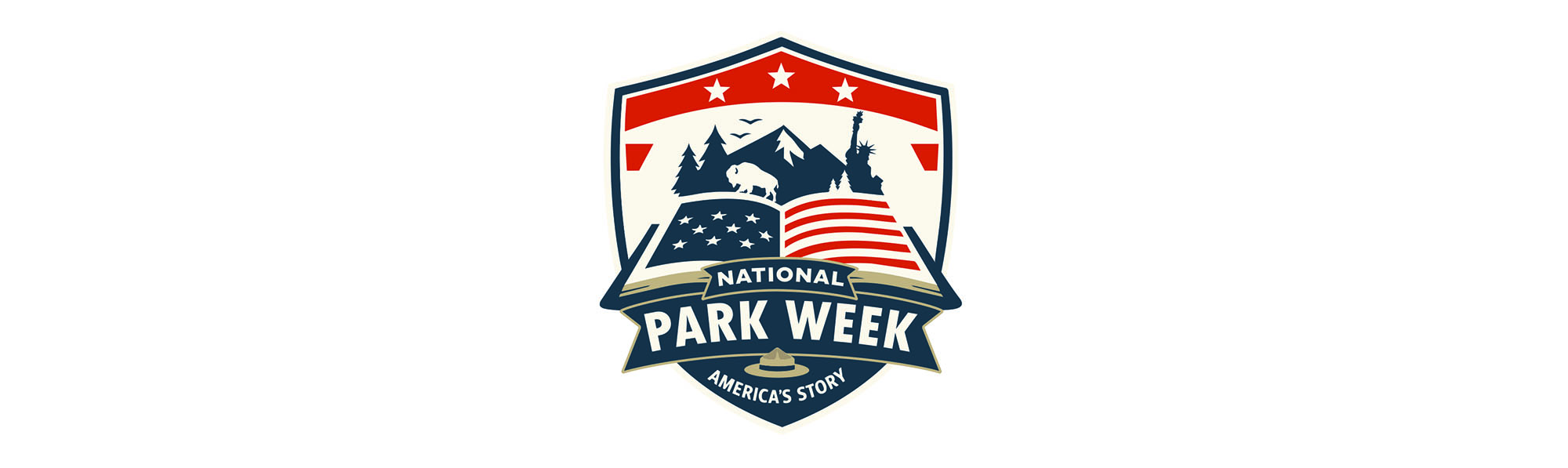 Graphic that reads "National Park Week America's Stories" shaped like a shield and includes images lke a bison, trees, open book, mountain, and Statue of Liberty