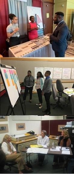 3 images. Two people standing behind a display table talking to a third person, a group of three people looking at a large whiteboard with sticky notes, two people sitting behind an office table talking to a third person seated in front of the table.