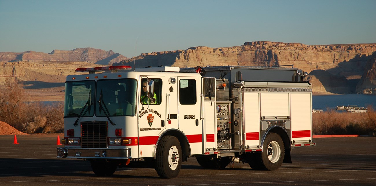 Fire Engine with blue sky and scenic Glen Canyon in the background