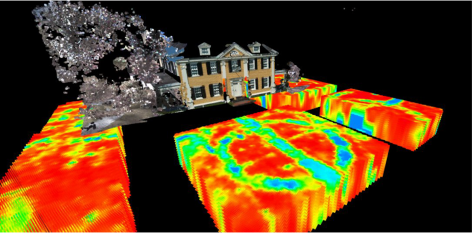 A 3D image of a yellow house with lilac bushes and geophysical data in the form of rainbow imaging in the front.