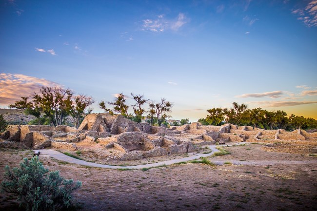 Aztec Ruins, stone walls in a desert landscape