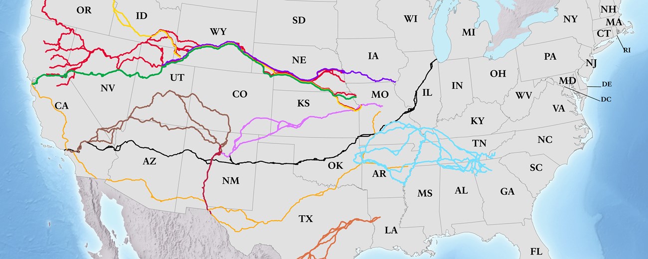 A map of the United States, depicting ten trails that traverse across various states through the country, often over multiple states.