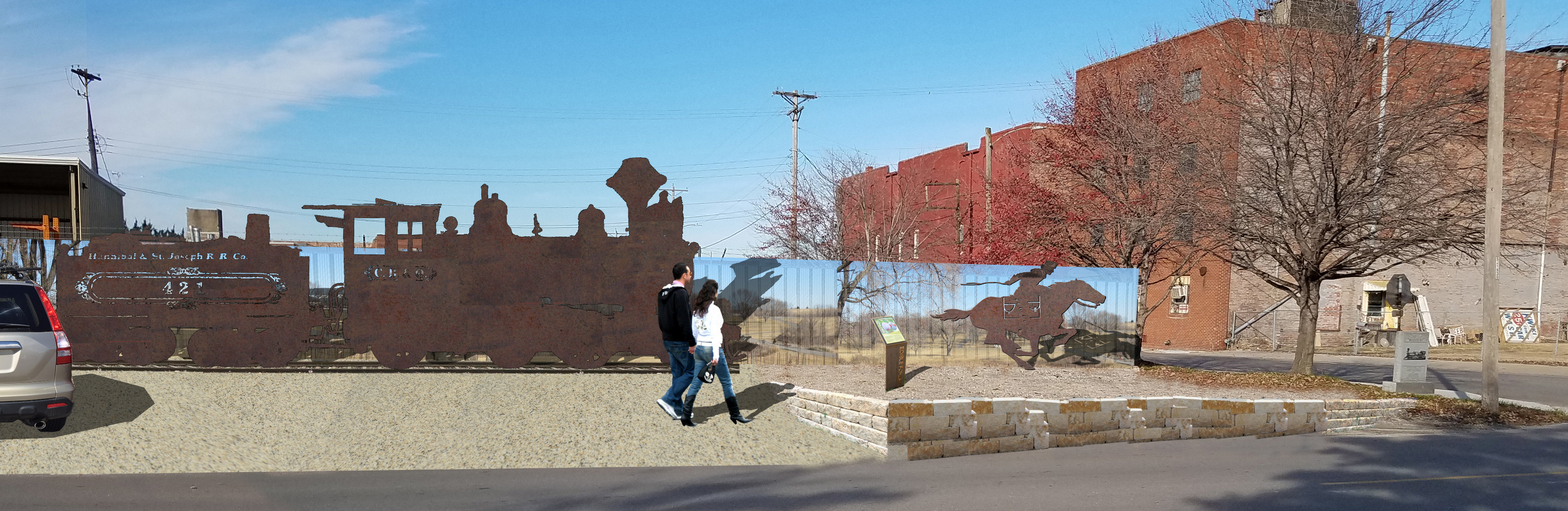 Design rendering showing parking, train silhouette, people walking, exhibit, historical marker.