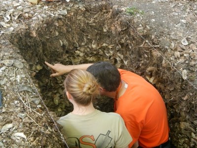 SEAC archeologists take measurements of the soil horizons