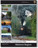 Cover of the Midwest Region Long Range Transportation Plan depicting various types of transportation, such as trains, bikes, canoes, boats, etc....