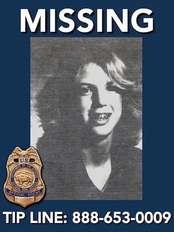 Black-and-white photo of missing person Stacey Anne Arras, last seen on July 17, 1981 in Yosemite National Park. Tip Line printed along the bottom 888-653-0009.