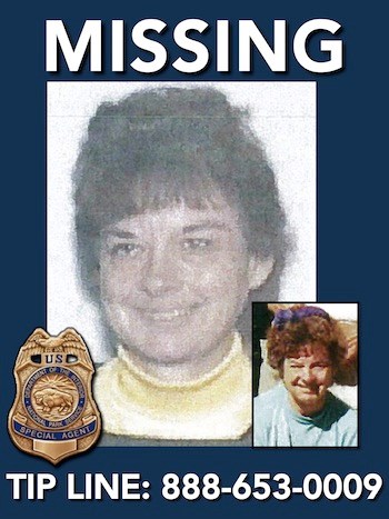Missing person Ruthanne Ruppert was last seen in Yosemite National Park on August 14, 2000. Tip Line printed across the bottom 888-653-0009. NPS image.