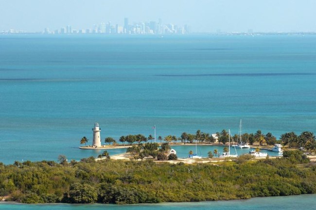 Boca Chita Key in foreground, Miami skyline in the distance, from Biscayne National Park