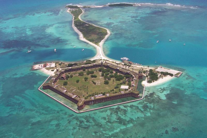 Aerial view looking east at Fort Jefferson, Garden Key, and Bush Key at Dry Tortugas National Park