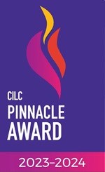 Logo with stylized torch flames on a purple background, reading "CILC Pinnacle Award 2023-2024""